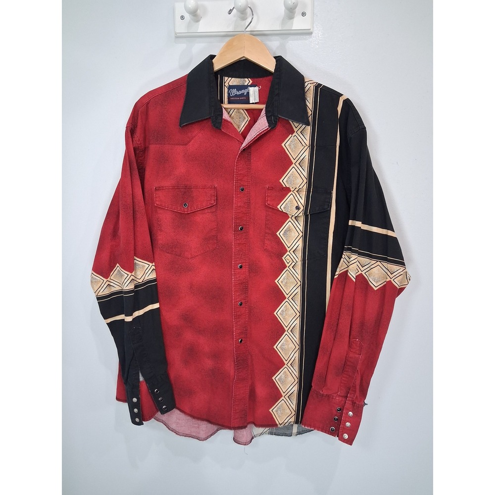 Wrangler Western Shirt Mens XL Red Black Geometric Pearl Snap Long Sleeve Cotton